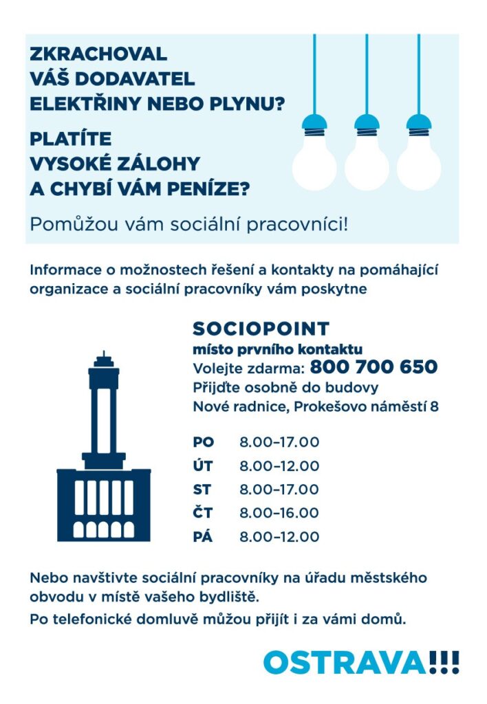 Sociopoint, místo prvního kontaktu, jednorázové sociální poradenství v Ostravě, leták s kontakty, drahé energie